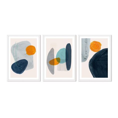 Set Triple Cuadros  Abstracto Piedras Amarillas -0
