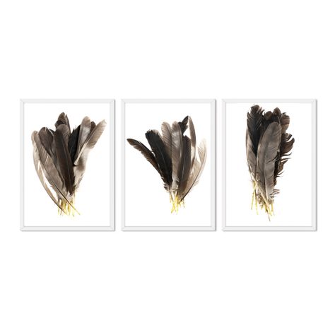Set Triple Cuadros Abstracto Plumas Beige-0