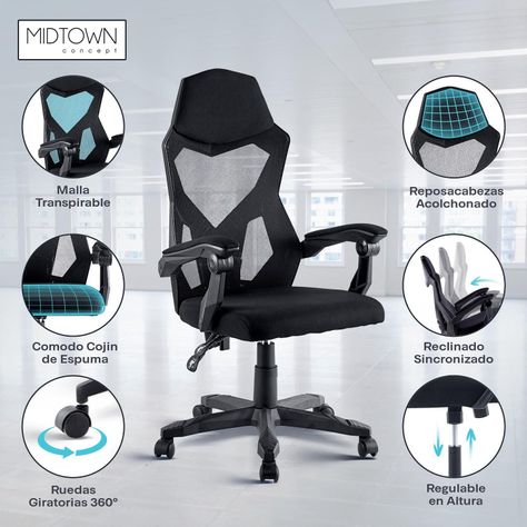 Silla de Escritorio Oficina Gamer Ergonómica Pro Mesh Midtown-8