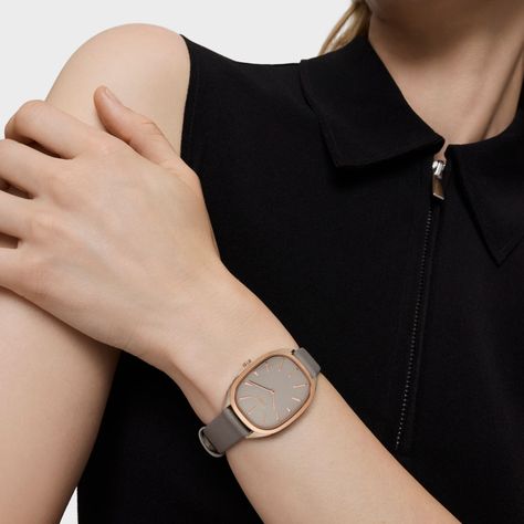 Reloj analógico de acero IPRG rosa con correa de piel gris Heritage-4