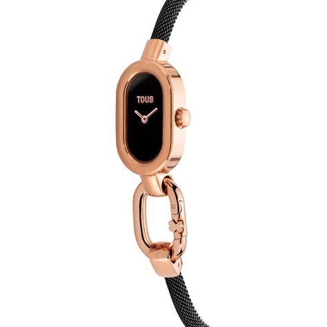 Reloj analógico con brazalete de acero IP negro y caja de acero IPRG rosado TOUS Hold Oval-1