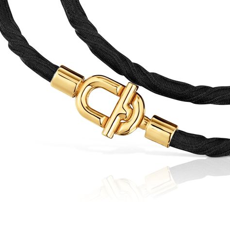 Collar elástico baño oro 18 kt sobre plata y cordón negro-2
