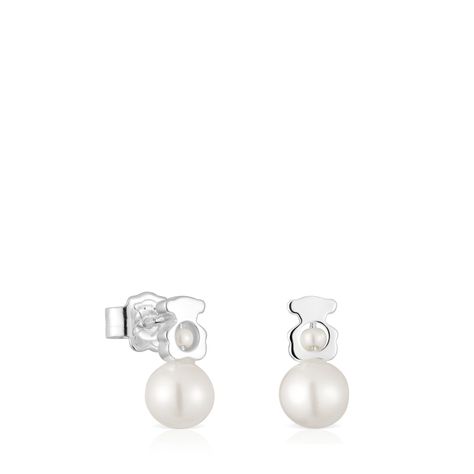 Aros pequeños oso de plata con perlas cultivadas I-Bear-0