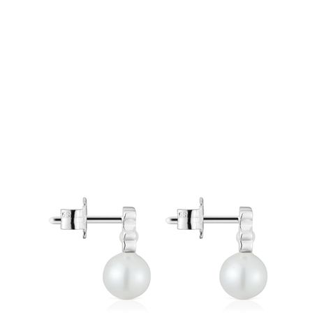 Aros pequeños oso de plata con perlas cultivadas I-Bear-1