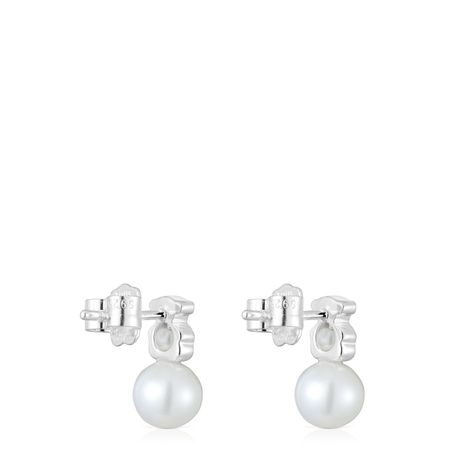 Aros pequeños oso de plata con perlas cultivadas I-Bear-2