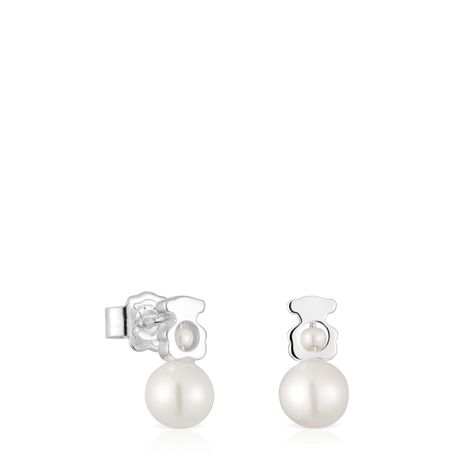 Aros pequeños oso de plata con perlas cultivadas I-Bear-3