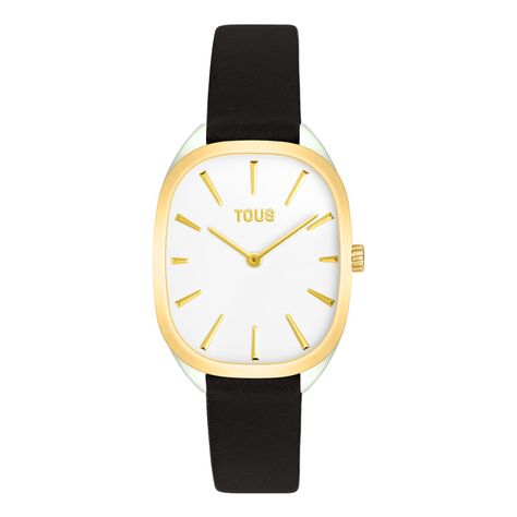 Reloj analógico de acero IPG dorado con correa de piel negra-0