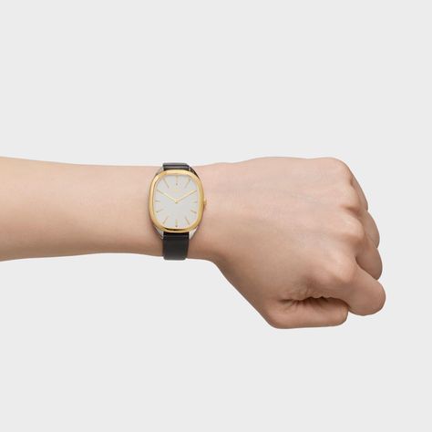 Reloj analógico de acero IPG dorado con correa de piel negra-4