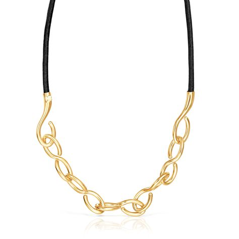 Collar con baño de oro 18 kt sobre plata y cuero Bent-0