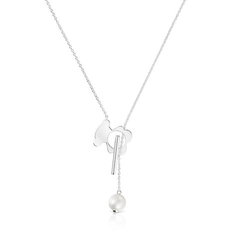 Collar corto oso de plata y perla cultivada I-Bear-0