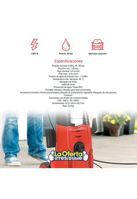 Hidrolavadora NAPPO 1800W Jabonera 5mts Manguera-2