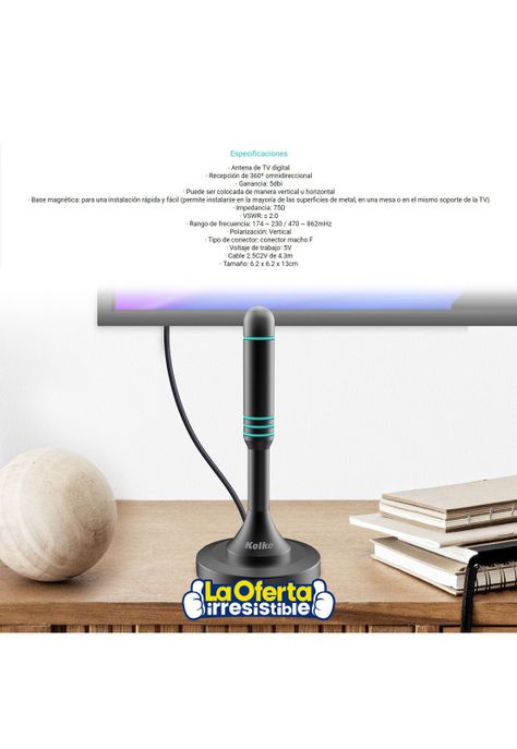 Antena de TV Digital HDTV Kolke Base Magnetica Recepcion 360-2