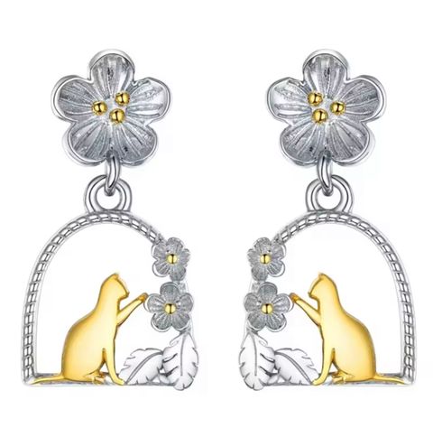 Aros Gato Flor Plata 925 Mujer Joya-0