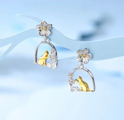 Aros Gato Flor Plata 925 Mujer Joya-1