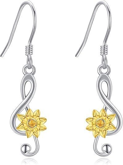 Aros Pendientes Girasol Nota Musical Sol Plata 925-0