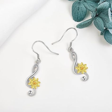 Aros Pendientes Girasol Nota Musical Sol Plata 925-1