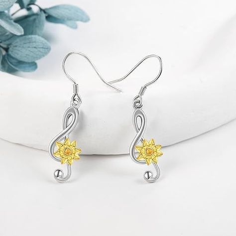 Aros Pendientes Girasol Nota Musical Sol Plata 925-2