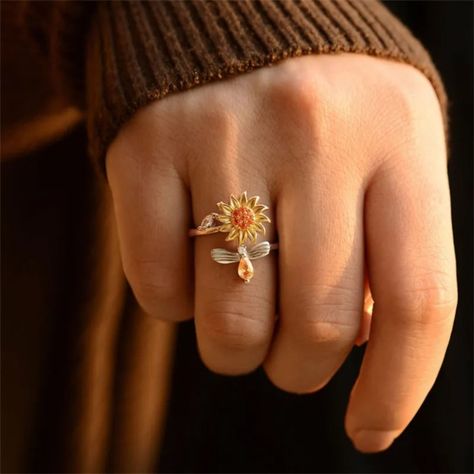 Anillo Girasol Giratorio Anti Estres Ajustable Plata 925-2