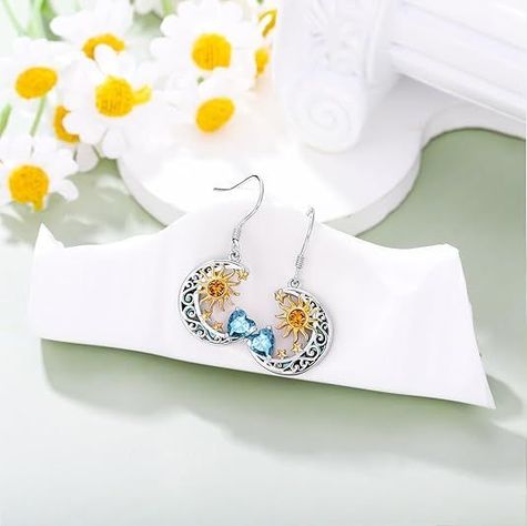 Aros Pendientes Sol Y Luna Tornasol Plata 925-1