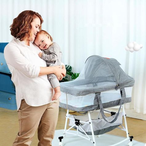 Cuna de bebé Moises Portátil Plegable 3 en 1 Gris Con Ruedas-1