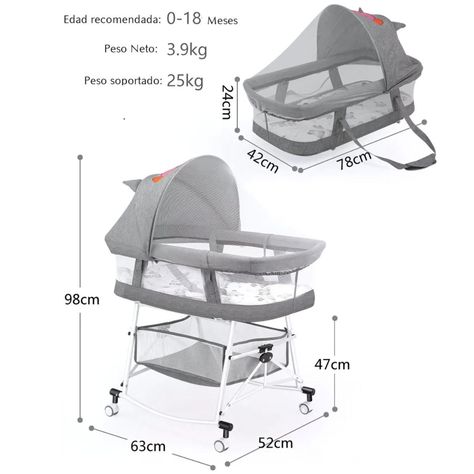 Cuna de bebé Moises Portátil Plegable 3 en 1 Gris Con Ruedas-7