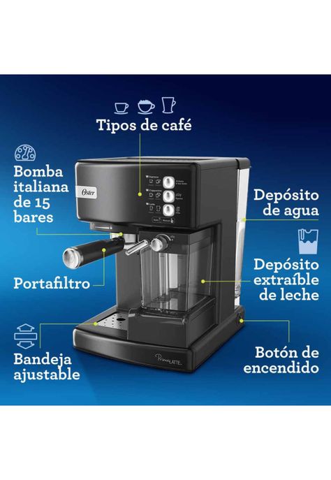 Oster Cafetera PrimaLatte Automática Espresso Negro Metálico BVSTEM6603B-2