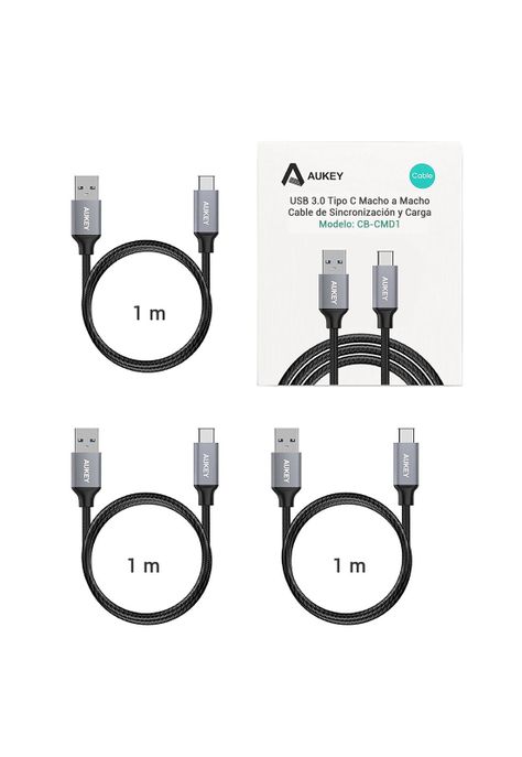 AUKEY Cable USB Pack 3 cables trenzados USB a USB-C 1m Negro - CB-CMD1-1