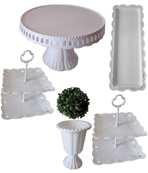 Set 6 Piezas Candy Bar (Porta Torta, Porta Cupcake, Bandeja, Florero) - Blanco-0