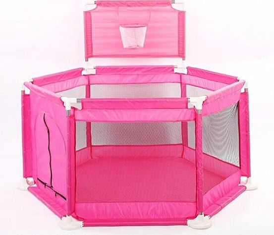 CORRAL CON ARO BASKETBALL ROSADO MAS 100 PELOTAS PLASTICAS 5.5 CM-0