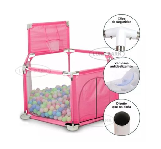 CORRAL CON ARO BASKETBALL ROSADO MAS 100 PELOTAS PLASTICAS 5.5 CM-1
