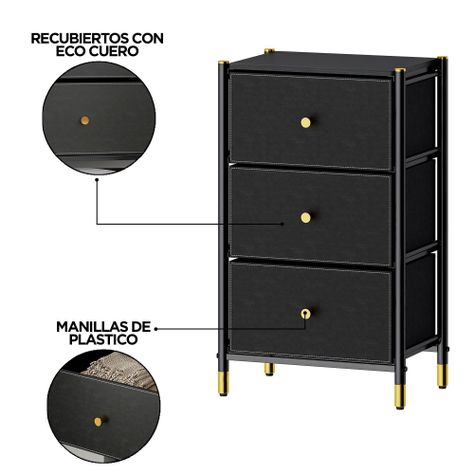 Velador Cajonera 3 Cajones Metal Madera Eco Cuero-2