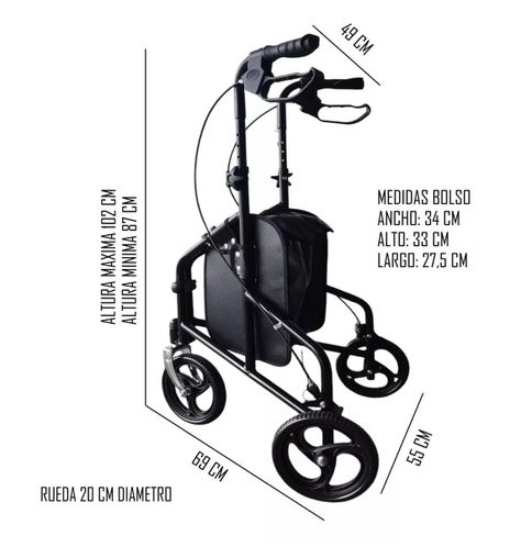 Andador Burrito Rollator 3 Ruedas Con Bolso Plegable Oneder-1