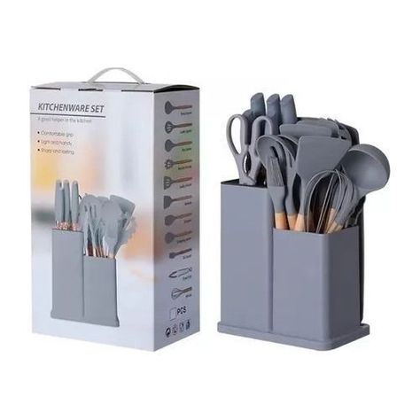 Juego Utensilios Silicona Con Soporte Madera 19 Piezas Gris-0