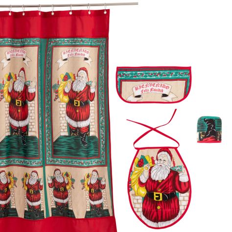 CORTINA Y SET DE BAÑO NAVIDAD 4 PIEZAS ROJO PASCUERO GRANDE-0