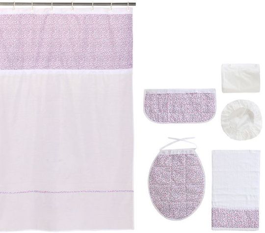Cortina y Set de baño 7 piezas 180 x 180 cms blanco flores rosadas-0