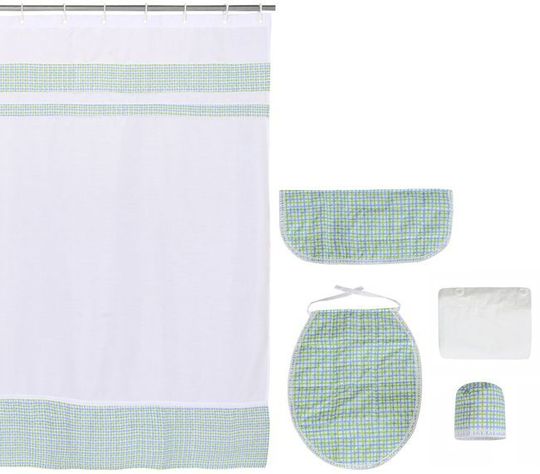 Cortina y Set de baño 6 piezas 180 x 180 cms blanco verde cuadrille-0