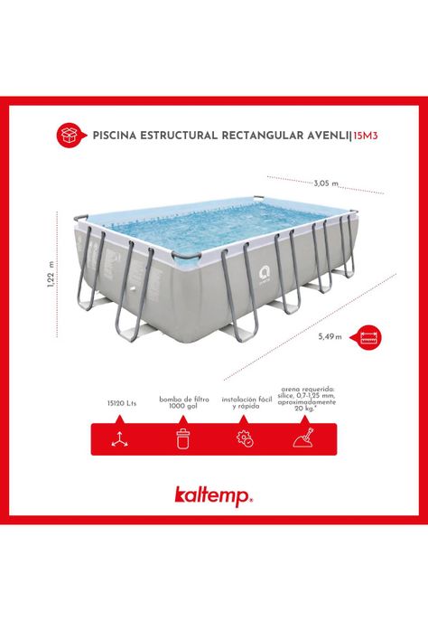 Piscina Estructural Rectangular Avenli 5.49x3.05 x1.22 m 20m3-4