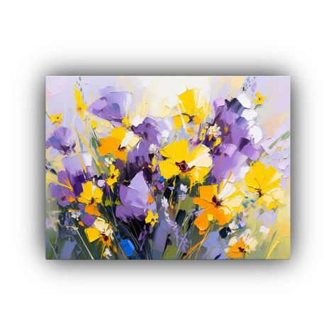Cuadro Flores Amarillas Y Moradas En Lienzo: Naturaleza Viva 60x40cm-0