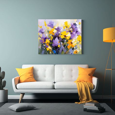 Cuadro Flores Amarillas Y Moradas En Lienzo: Naturaleza Viva 60x40cm-2