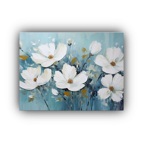Pintura De Flores En Colores Blanco Y Azul Teal 30x20 Cm-0