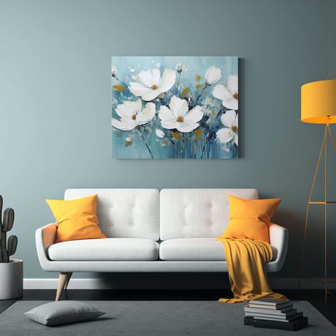 Pintura De Flores En Colores Blanco Y Azul Teal 30x20 Cm-2