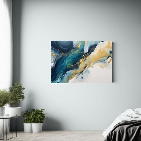 Pintura En Lienzo Blanco Con Marco Azul Acrílico 90x60cm-2