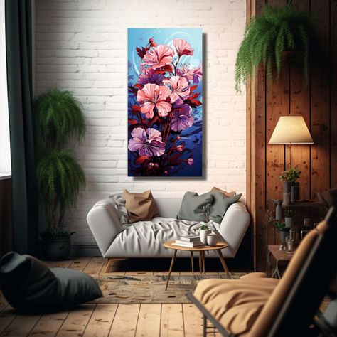 Geranios Morados Con Atmósfera Neonoir, Cuadro 40x80cm-2