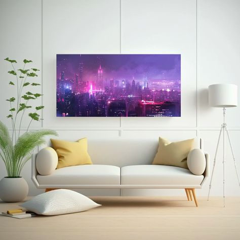 Pintura Acuarela Nocturna De Ciudad Con Edificios 100x50 Cm-2