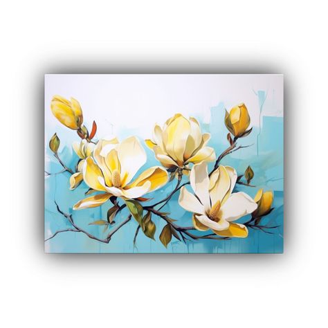 Cuadro De Magnolias Amarillas Y Turquesas En Vanguardia Abst 40x30cm-0