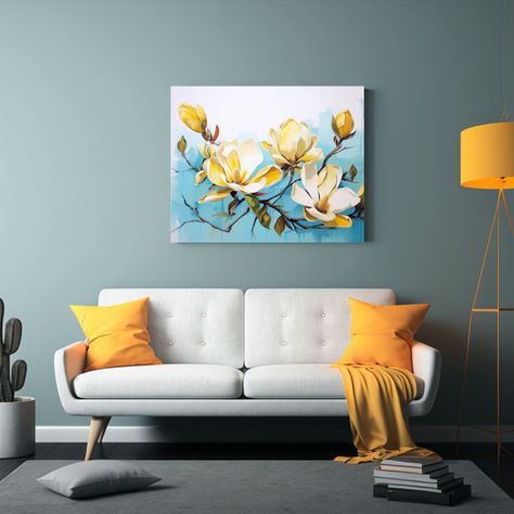 Cuadro De Magnolias Amarillas Y Turquesas En Vanguardia Abst 40x30cm-2