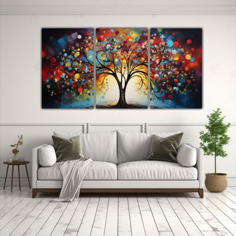 Set 3 Cuadros Tema Árbol Pintura Abstracta 90x45 Cm-2