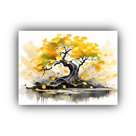 Cuadro Ginkgo Biloba Bonsái Amarillo Y Negro Abstracción C 120x80cm-0