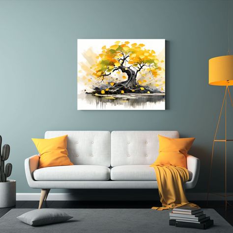 Cuadro Ginkgo Biloba Bonsái Amarillo Y Negro Abstracción C 120x80cm-2