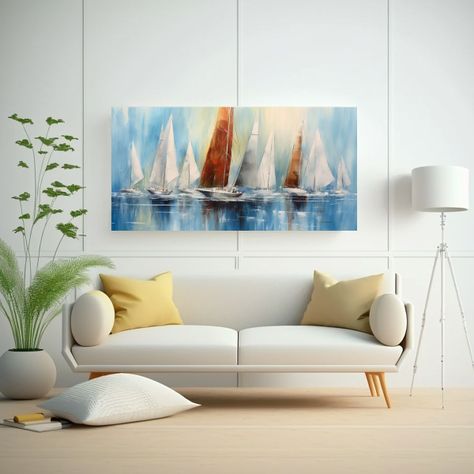 Cuadros Barcos Vela Acuarelas Colores Tonos 60x30cm-2